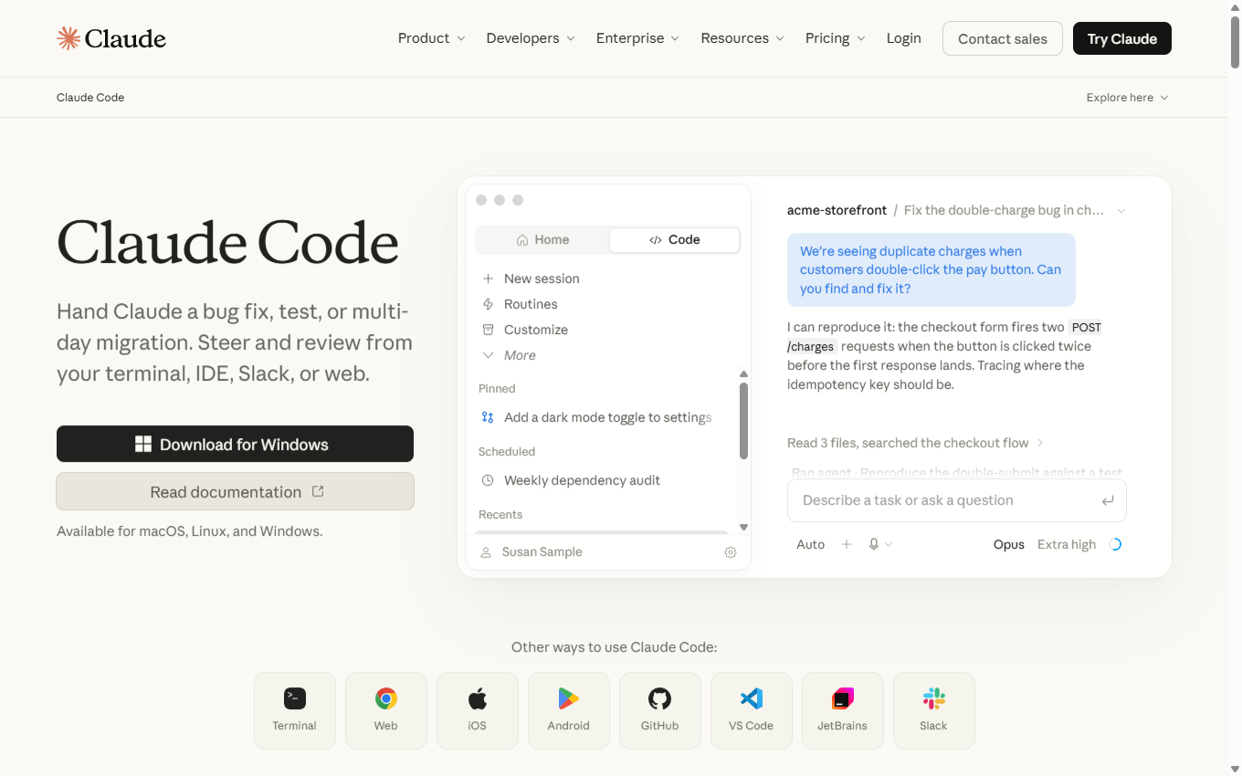 Screenshot of Claude Code on its official website