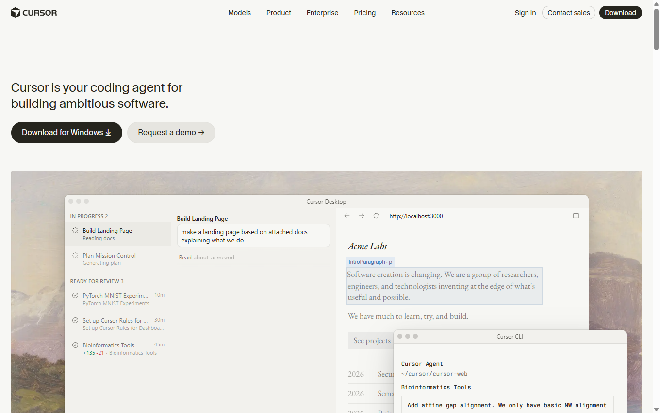 Screenshot of Cursor on its official website
