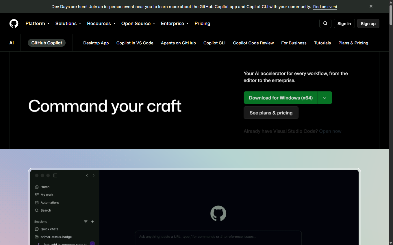 Screenshot of GitHub Copilot on its official website