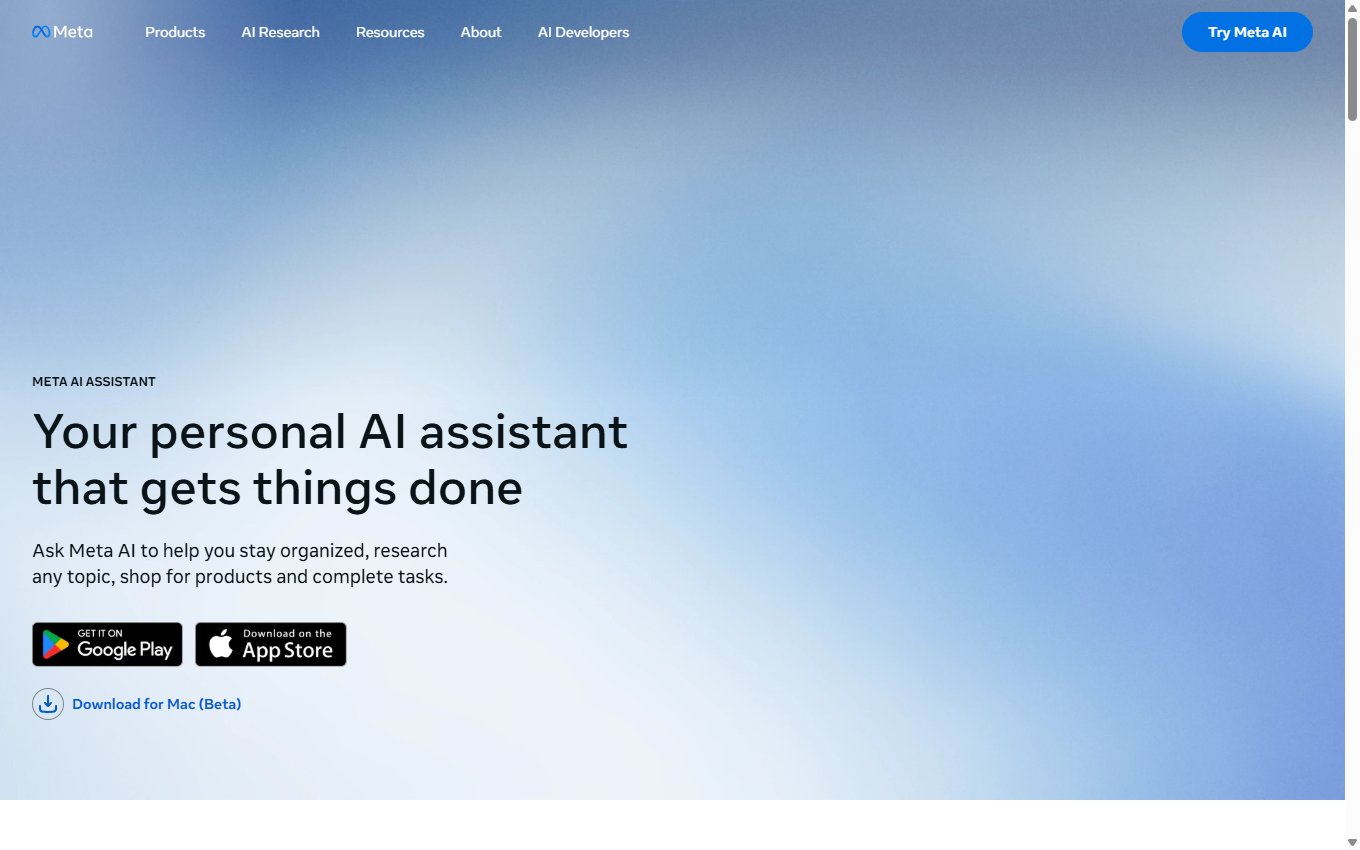 Screenshot of Meta AI Assistant on its official website