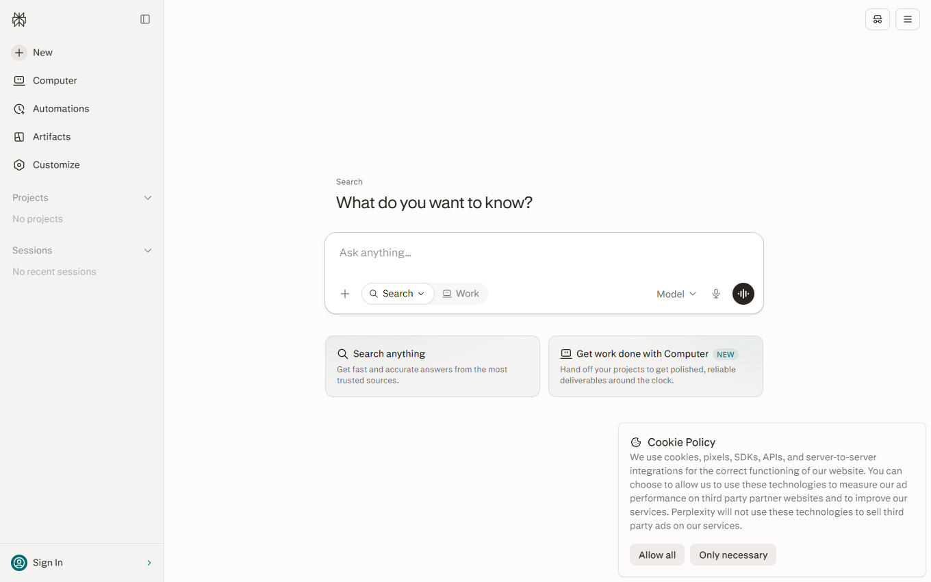 Screenshot of Perplexity on its official website