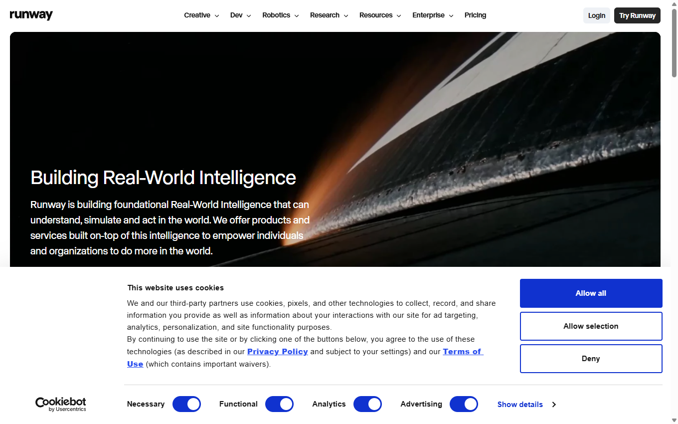 Screenshot of Runway on its official website