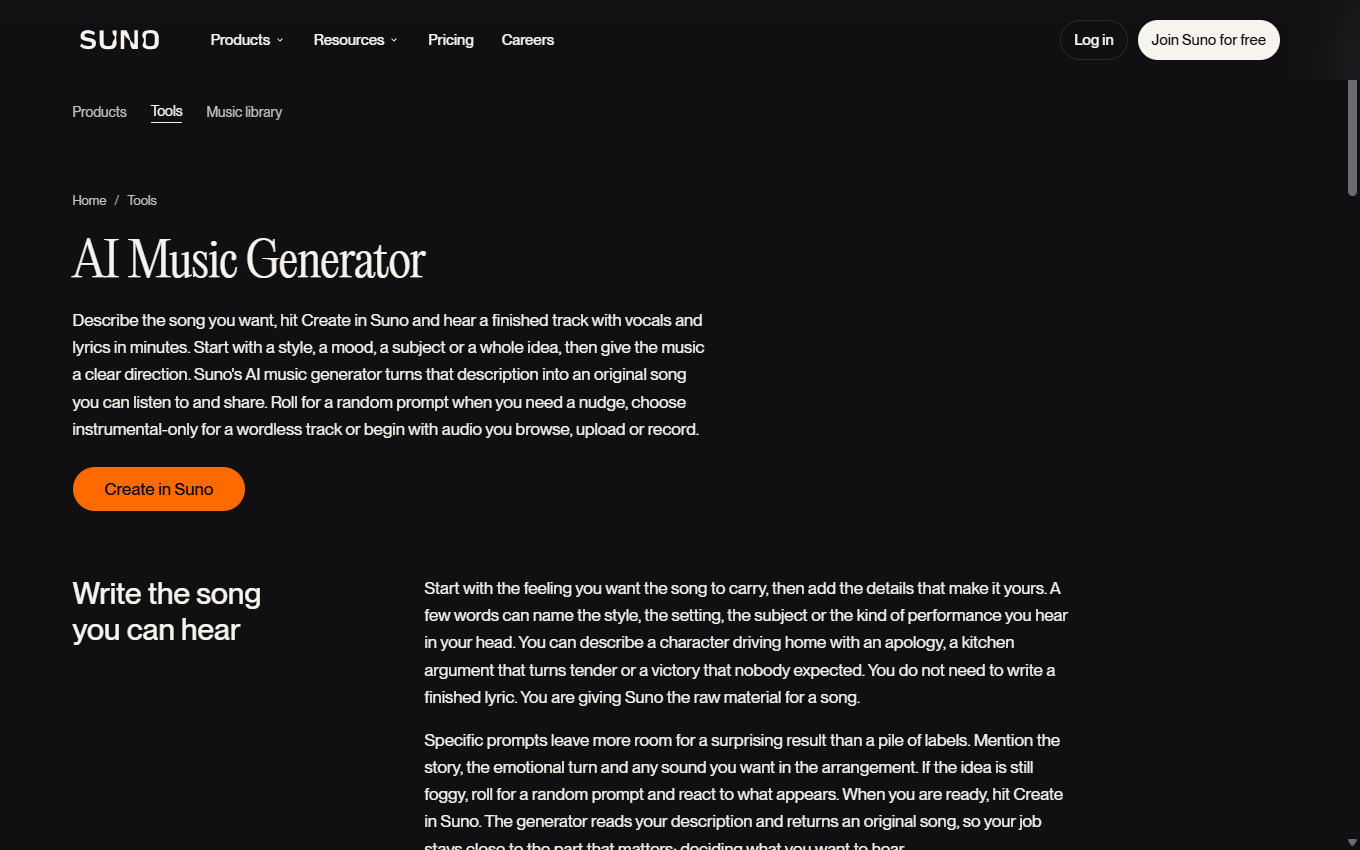 Screenshot of Suno on its official website